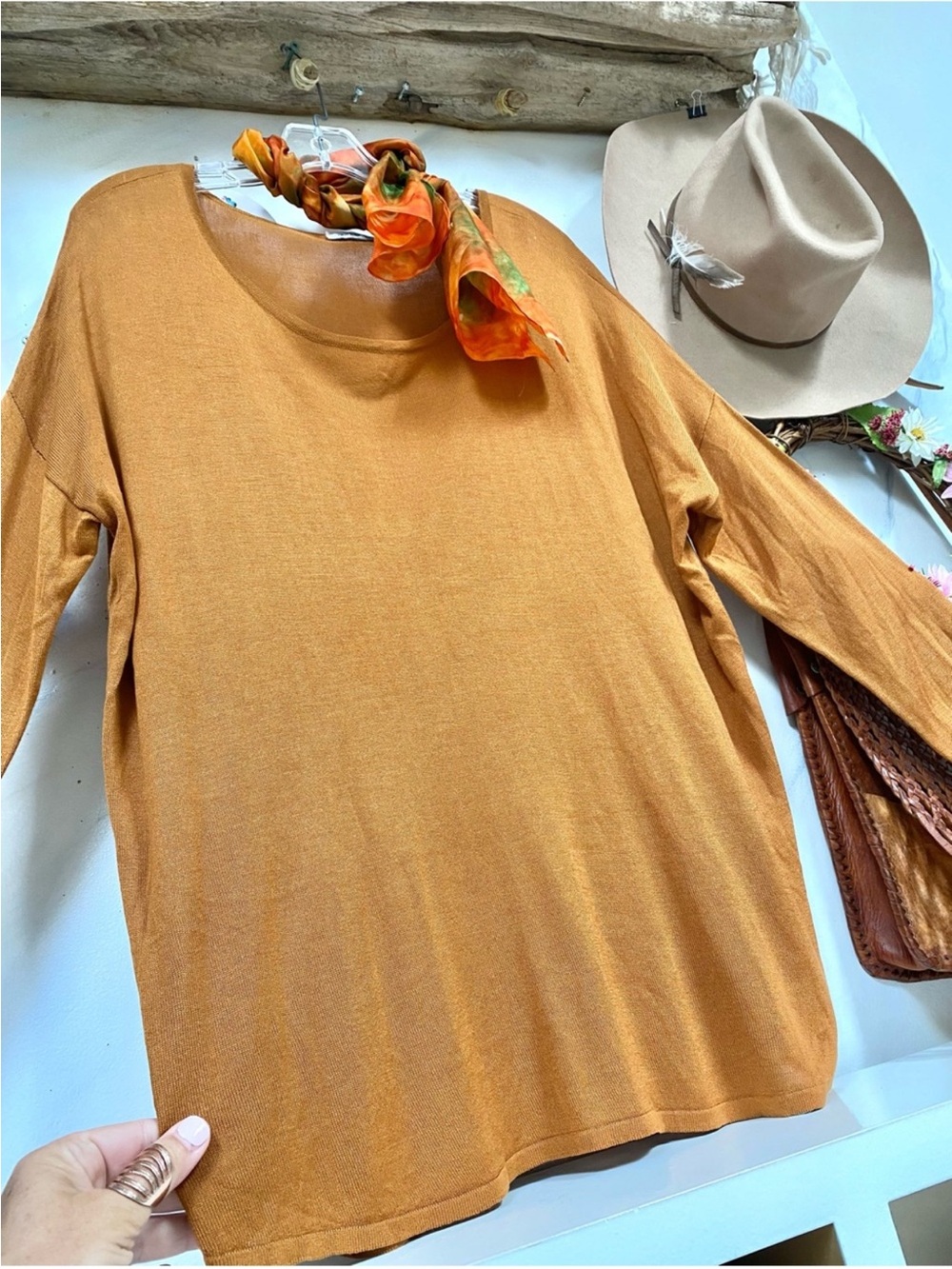 Fall rustic Copper knit boho sweater shabby chic cottagecore prairie vibe - Picture 6 of 11